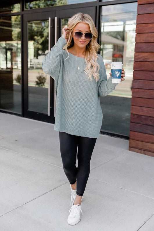 Uniquely Yours Sage Waffle Knit Pullover Blouse