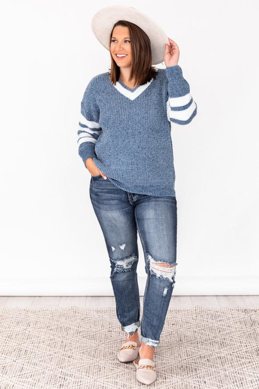 Nostalgic Memory Blue Varsity V-Neck Pullover
