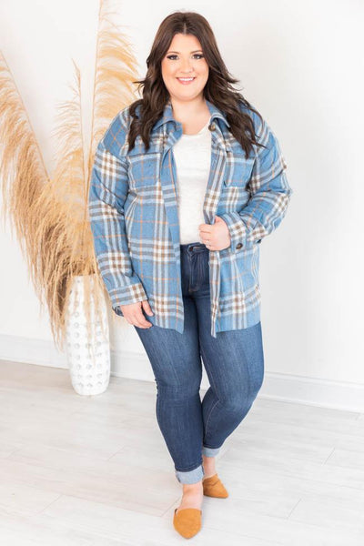 Misunderstood Heart Blue/Orange Plaid Shacket