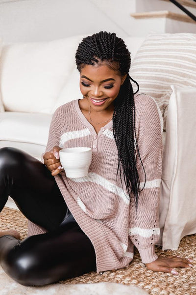 My Best Guess Taupe Striped Henley Sweater
