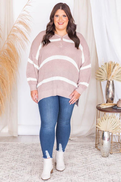 My Best Guess Taupe Striped Henley Sweater