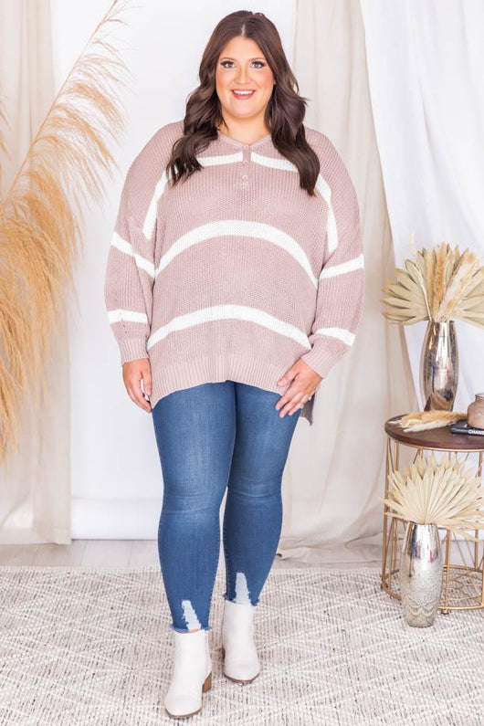 My Best Guess Taupe Striped Henley Sweater