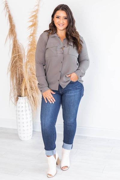 I'm Sure Of It Olive Button Front Blouse