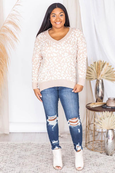 Need Inspiration Taupe Animal Print V-Neck Sweater