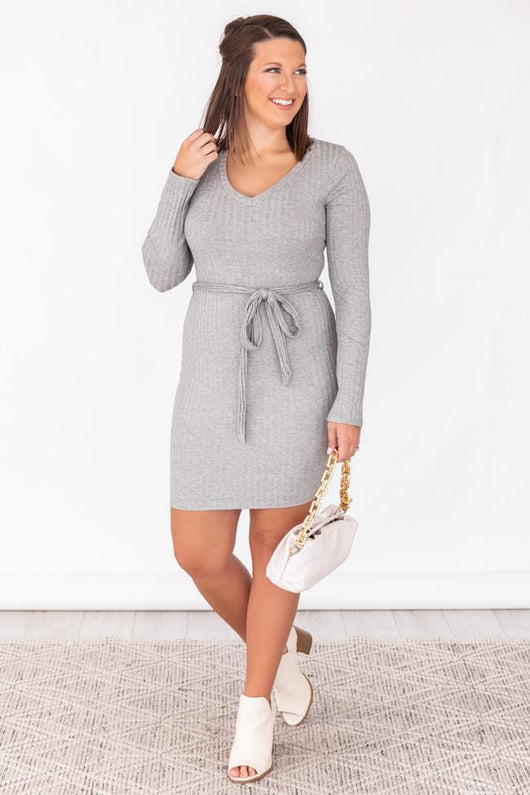 Spend The Weekend Ribbed Knit Mini Grey Dress