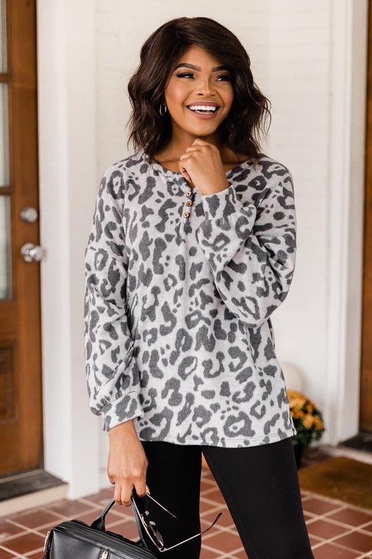 Don't Jinx It Grey Leopard Print Pullover
