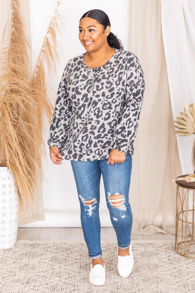 Don't Jinx It Grey Leopard Print Pullover