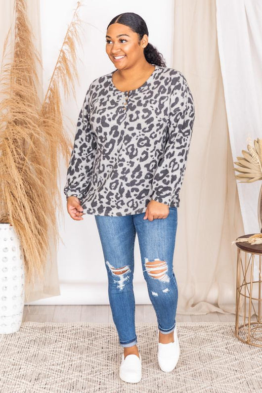 Don't Jinx It Grey Leopard Print Pullover
