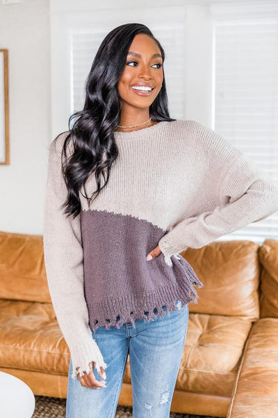 Uniquely Chic Plum Colorblock Distressed Sweater