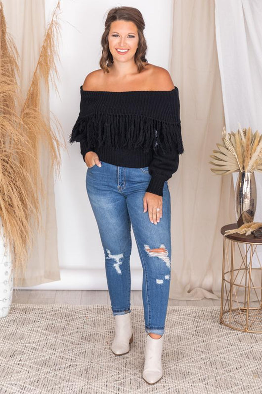 Go Your Own Way Black Fringe Sweater