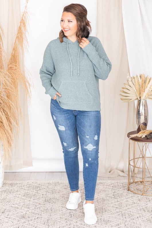 Stay For Hours Jade Waffle Hoodie Pullover