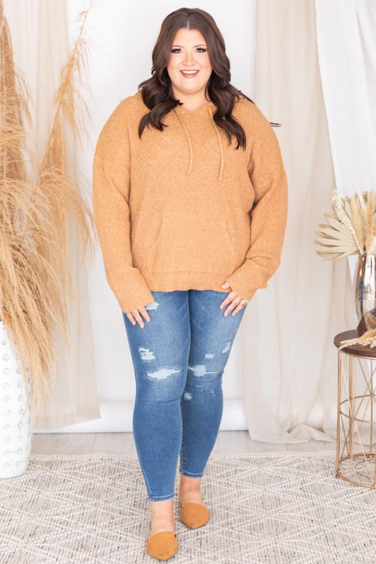 Stay For Hours Camel Waffle Hoodie Pullover