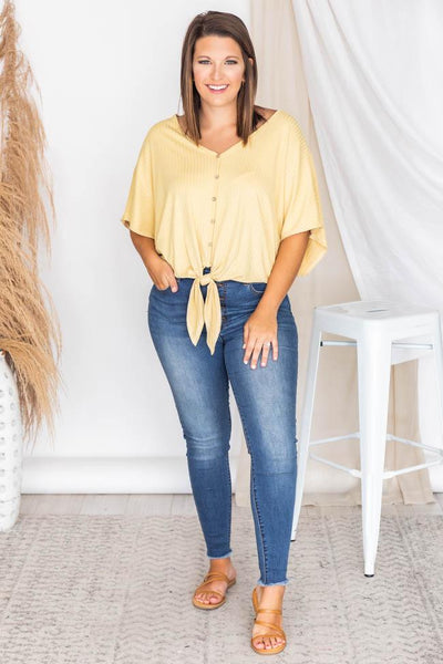 Never Telling Yellow Tie Front Ribbed Blouse