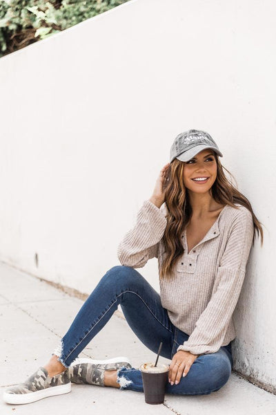 Lasting Words Split Taupe V-Neck Ribbed Blouse FINAL SALE