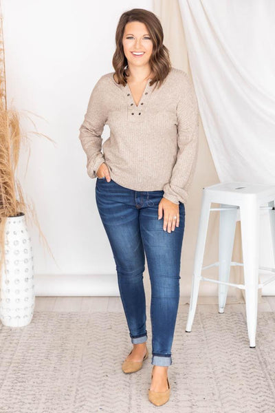 Lasting Words Split Taupe V-Neck Ribbed Blouse FINAL SALE