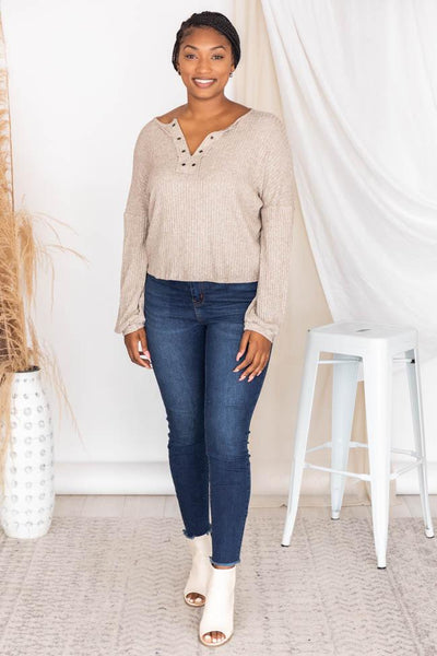 Lasting Words Split Taupe V-Neck Ribbed Blouse FINAL SALE