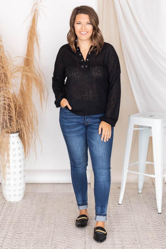 Lasting Words Split Black V-Neck Ribbed Blouse