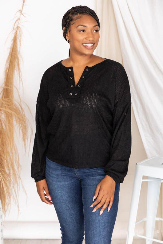 Lasting Words Split Black V-Neck Ribbed Blouse