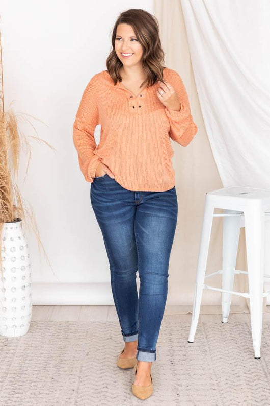 Lasting Words Split Orange V-Neck Ribbed Blouse FINAL SALE