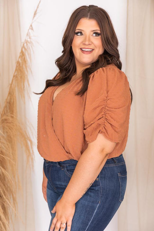 Live Extravagantly Rust Swiss Dot Wrap Bodysuit FINAL SALE