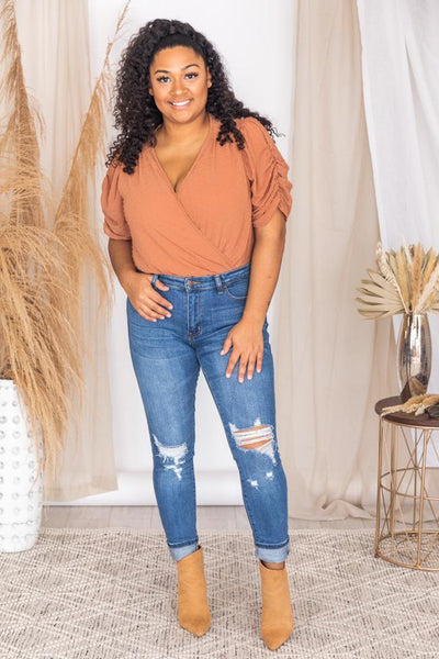Live Extravagantly Rust Swiss Dot Wrap Bodysuit FINAL SALE