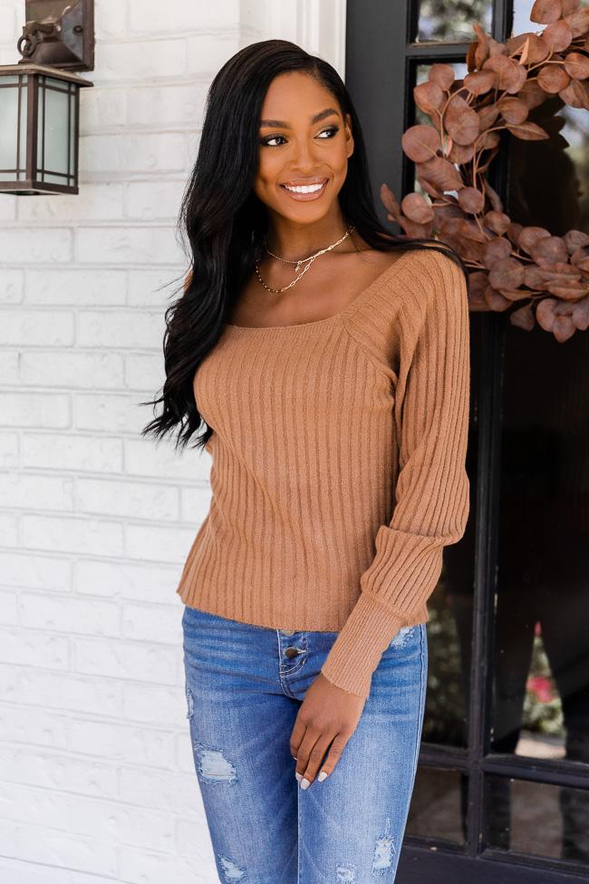 Reunited Love Brown Square Neck Fitted Sweater FINAL SALE