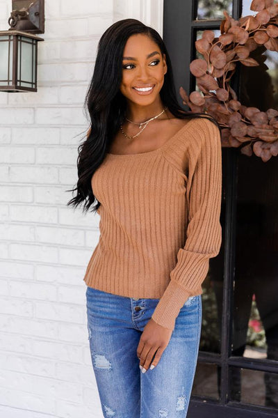 Reunited Love Brown Square Neck Fitted Sweater FINAL SALE