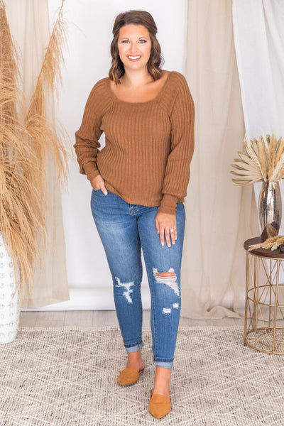 Reunited Love Brown Square Neck Fitted Sweater FINAL SALE