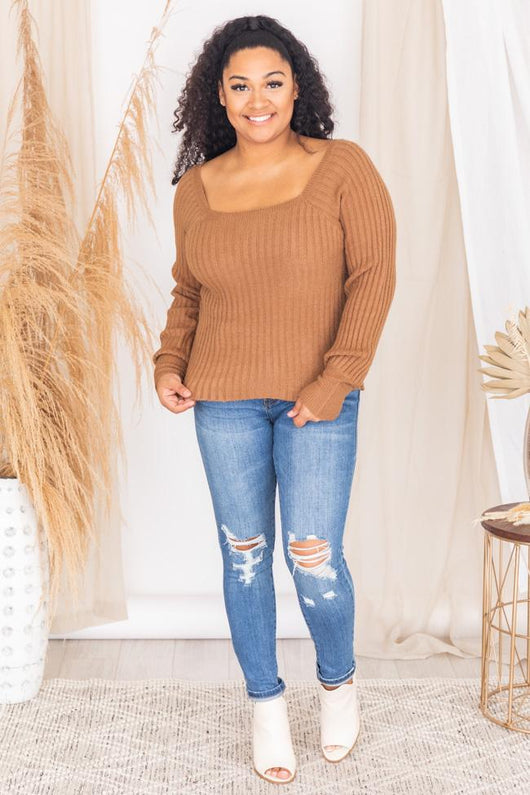 Reunited Love Brown Square Neck Fitted Sweater FINAL SALE