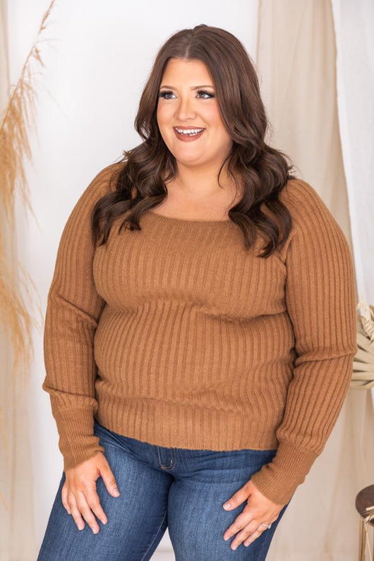 Reunited Love Brown Square Neck Fitted Sweater FINAL SALE