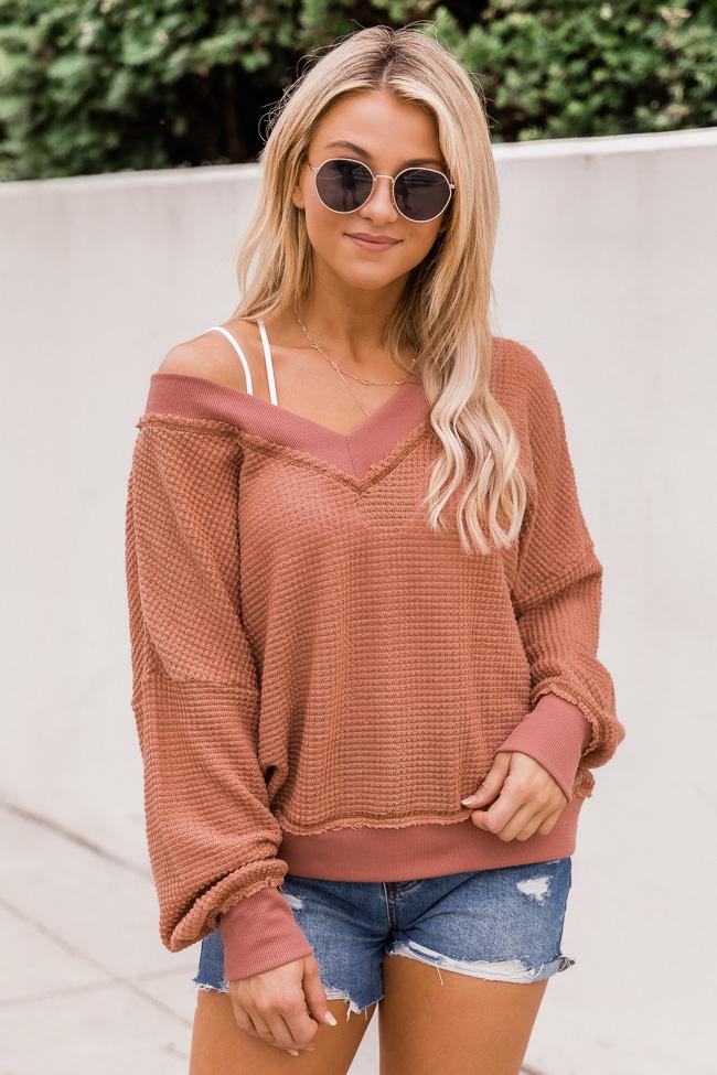 Outstanding Memory Rust V-Neck Waffle Knit Pullover FINAL SALE