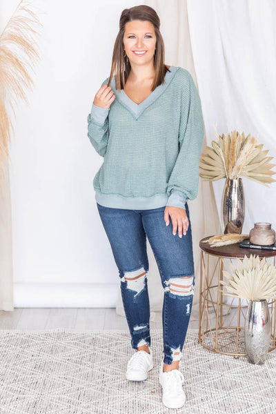 Outstanding Memory Sage V-Neck Waffle Knit Pullover