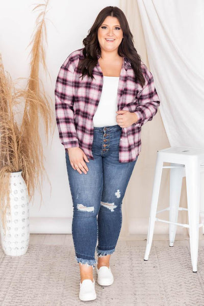 East To West Pink Plaid Button Up Blouse