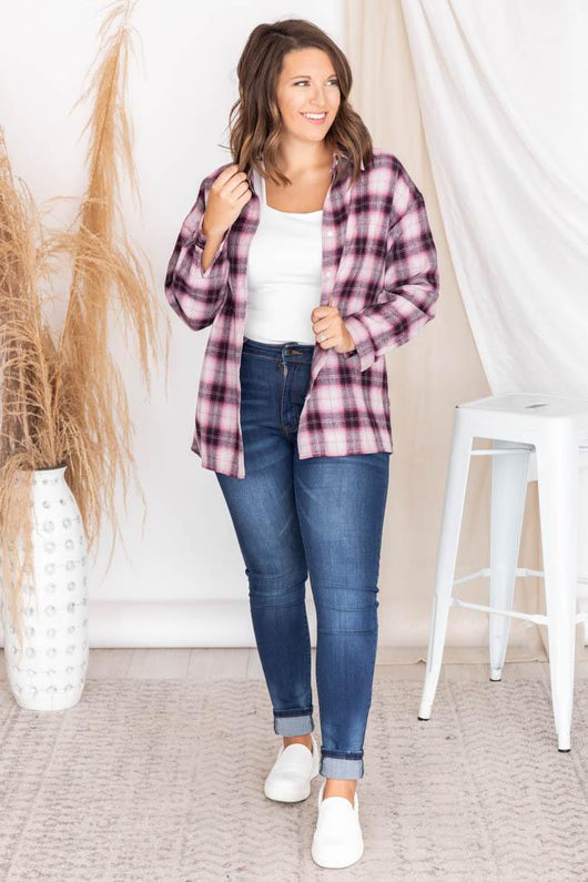 East To West Pink Plaid Button Up Blouse