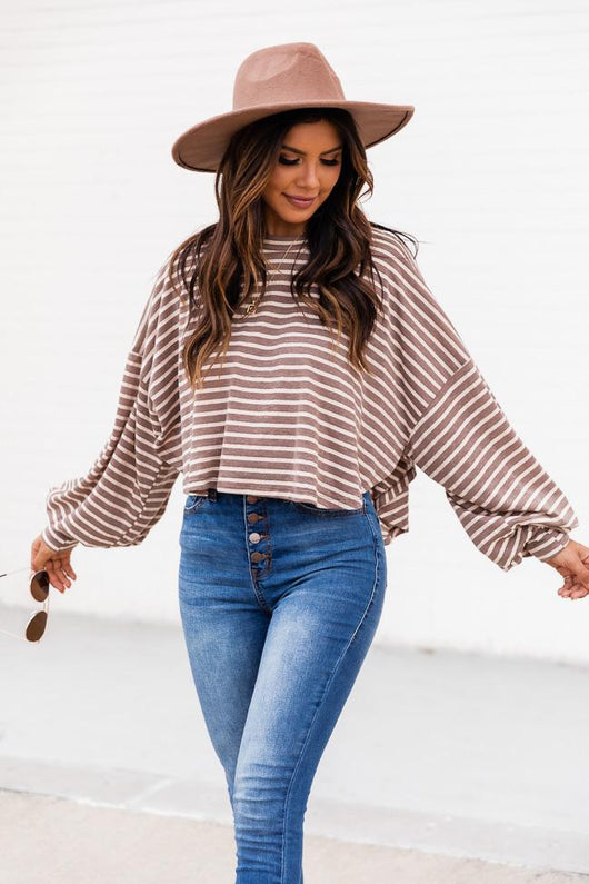 Sunday Stroll Brown Striped Long Sleeve Blouse FINAL SALE