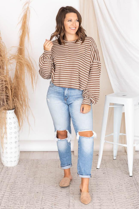 Sunday Stroll Brown Striped Long Sleeve Blouse FINAL SALE