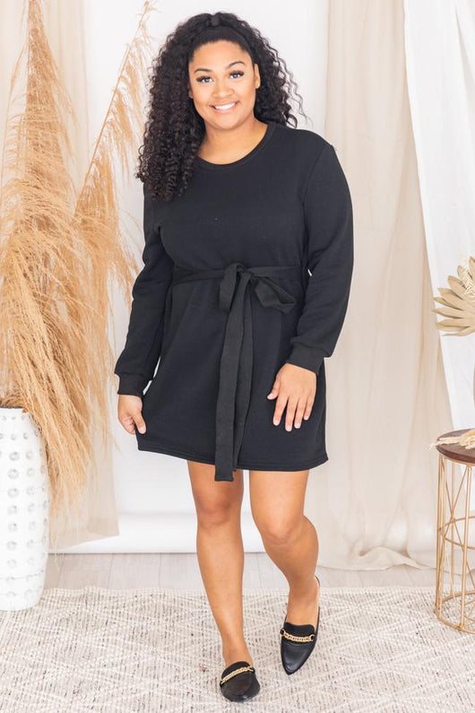Downtown Streets Black Belted Sweatshirt Dress