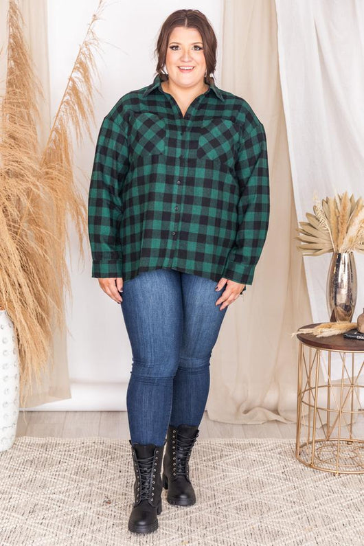 Northern Sky Green Buffalo Plaid Button Up Blouse