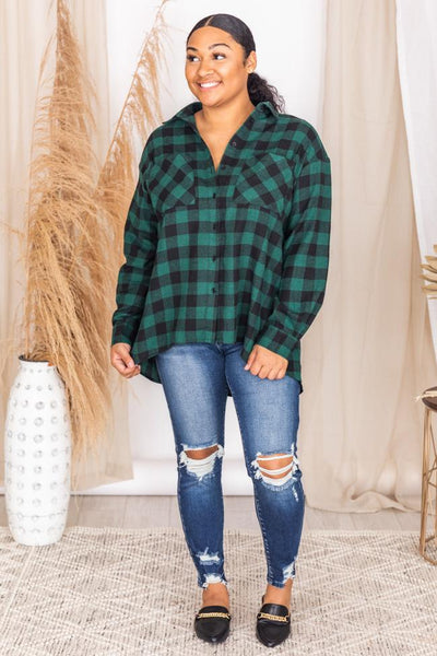 Northern Sky Green Buffalo Plaid Button Up Blouse