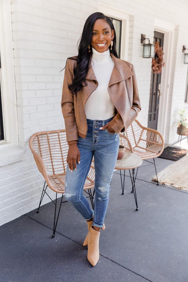 Desirable Heart Brown Faux Leather Moto Jacket