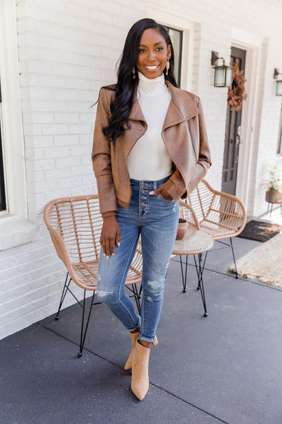 Desirable Heart Brown Faux Leather Moto Jacket
