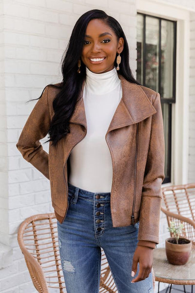 Desirable Heart Brown Faux Leather Moto Jacket