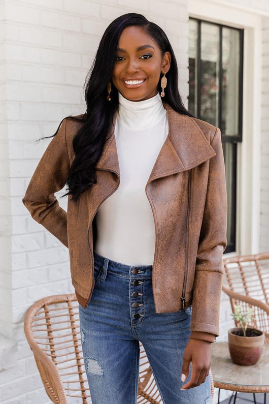 Desirable Heart Brown Faux Leather Moto Jacket