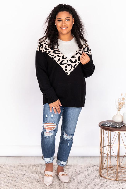 See Our Future Black Animal Print Colorblock Sweater