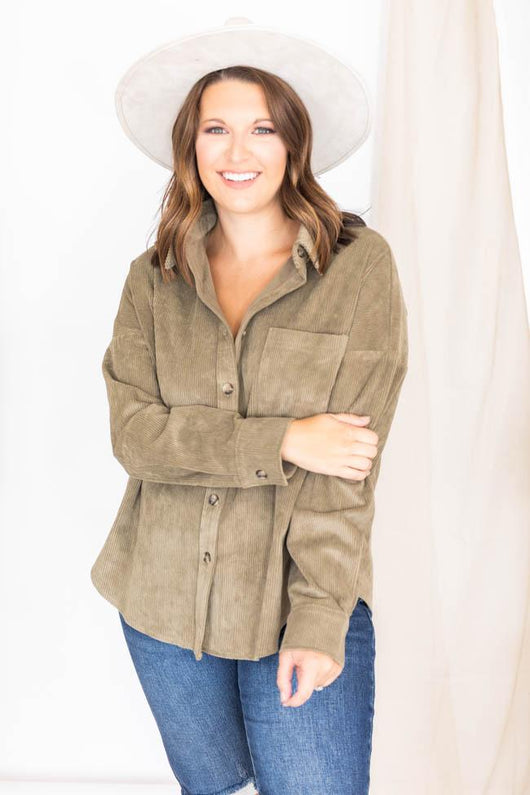 Among Your Thoughts Olive Corded Shacket