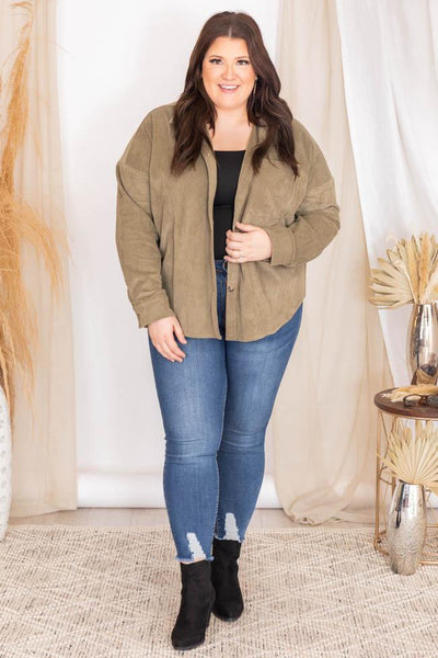 Among Your Thoughts Olive Corded Shacket