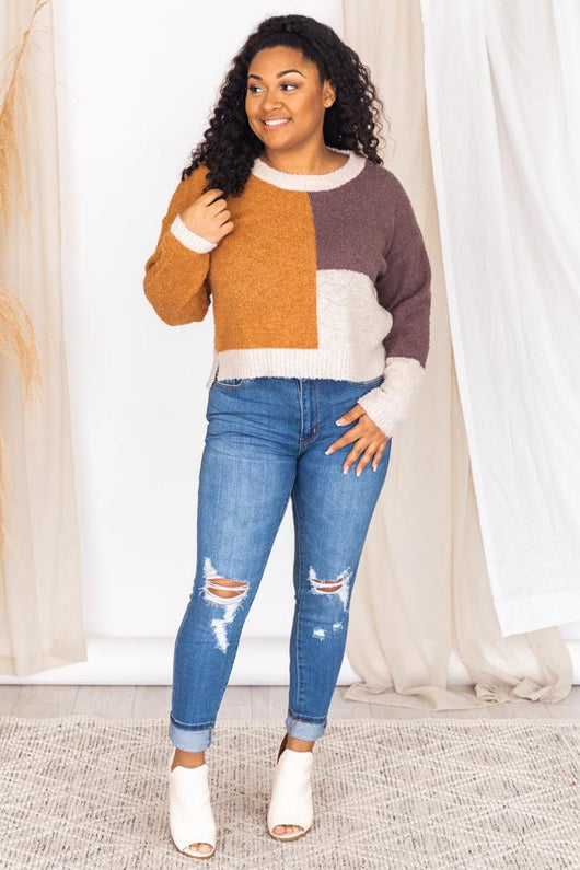 Gossip Queen Beige/Rust Colorblock Sweater FINAL SALE