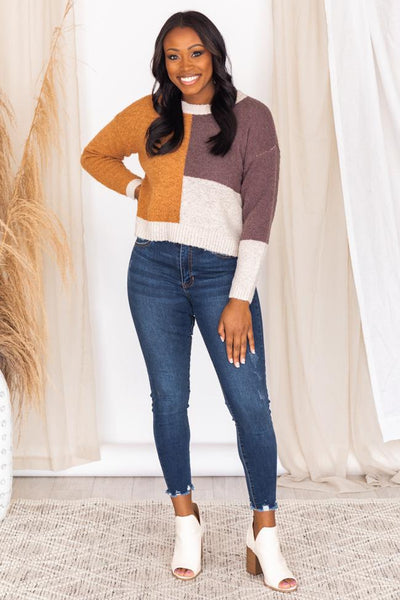 Gossip Queen Beige/Rust Colorblock Sweater FINAL SALE