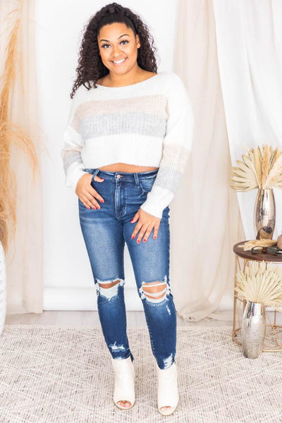 You're Forever Ivory/Taupe Crop Stripe Sweater