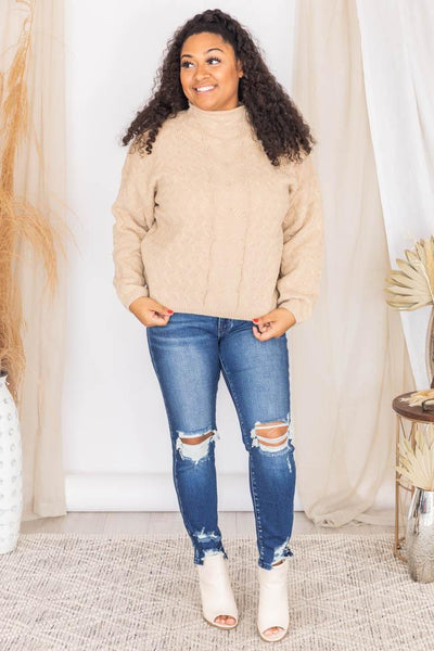Visions Of Us Taupe Mock Neck Cable Knit Sweater